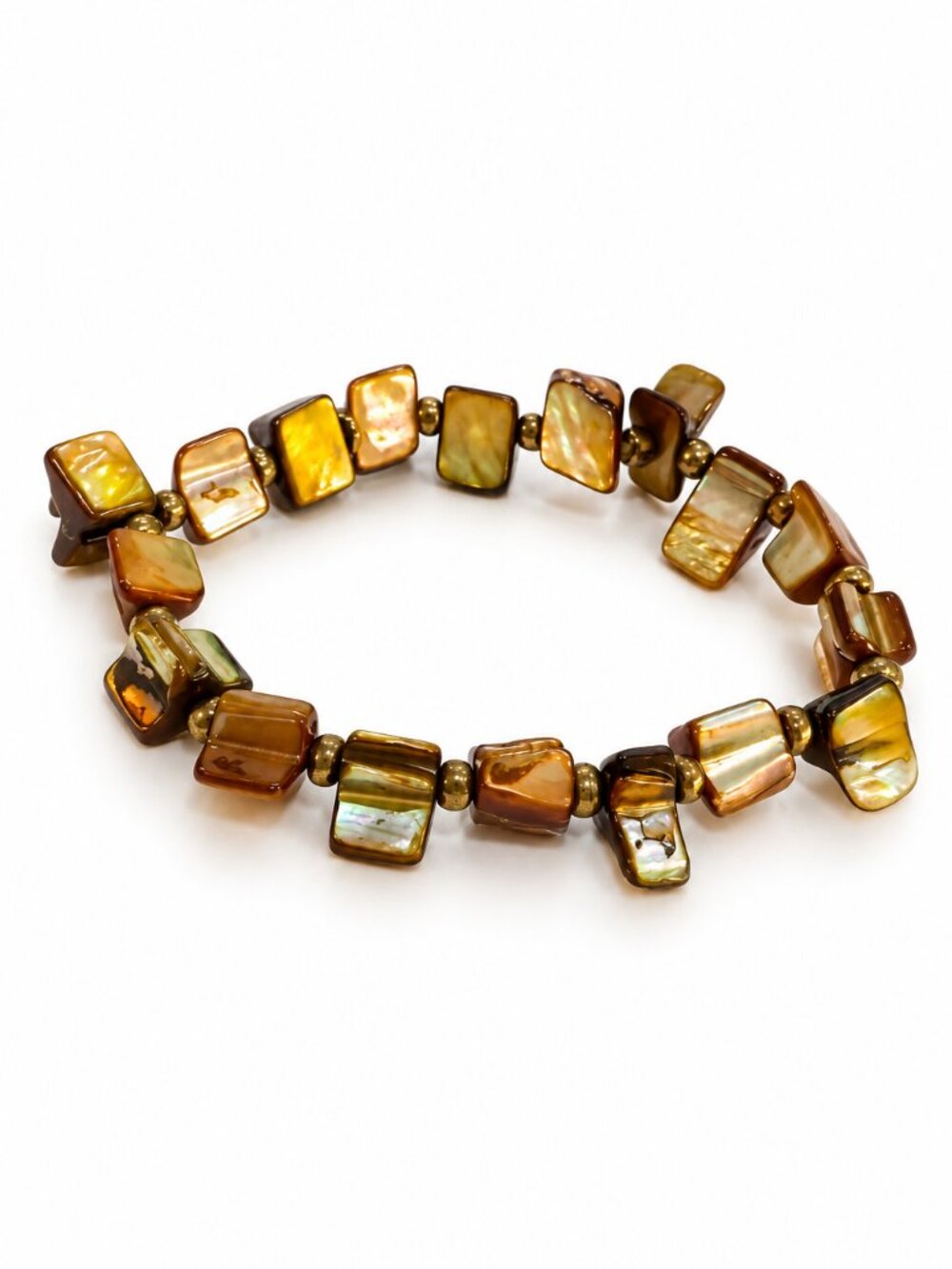 Brown Mother of Pearl Shell Bead Stretch Bracelet Iridescent Boho